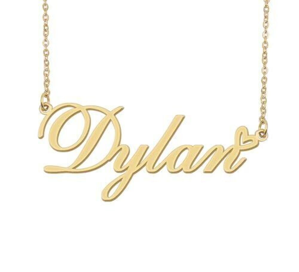 8580 Dylan Name Necklace Heart Charm Pendant 18k Gold Plated Stainless
